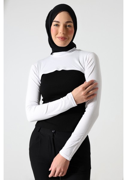 Balıkçı Yaka Tesettür Boyunluklu Kolluk Beyaz
