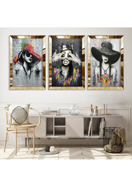 Şapkalı Kadın Pozlar Gümüş Pleksi Kenar Mdf Tablo