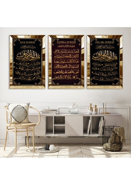 Fatiha, Nas, Felak Suresi Dini Gümüş Pleksi Kenar Mdf Tablo