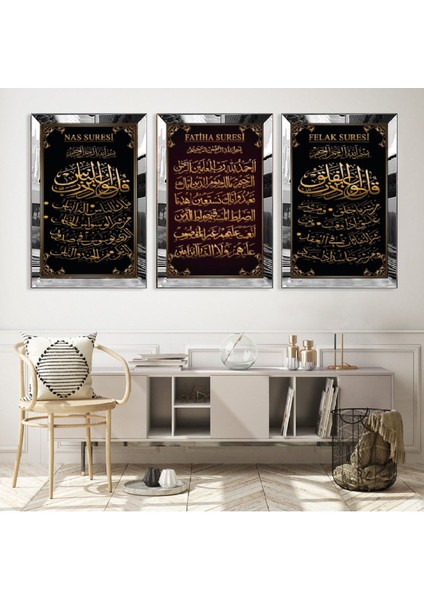 Fatiha, Nas, Felak Suresi Dini Gümüş Pleksi Kenar Mdf Tablo