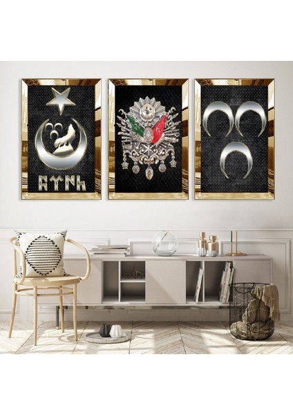 Osmanlı Tuğrası ve Türklük Gold Pleksi Kenar Mdf Tablo