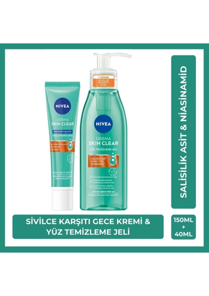 NIVEA Derma Skin Clear Nisainamid ve Salisilik Asit (BHA) içeren Sivilce Karşıtı Yüz Temizleme Jeli 150ml ve %8 Niasinamid ve Glikolik Asit içeren Gece Kremi 40ml,Bez Çanta Hediye