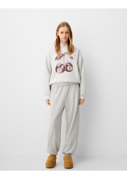 Gri Çocuk 98 Cherries Baskılı Main Charactery Enegy Only Yazılı Kapüşonlu Oversize Hoodie