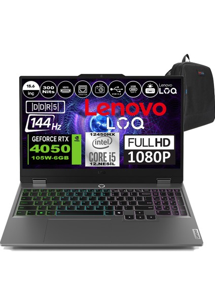 Loq Intel Core I5 12450HX 64GB 512GB SSD RTX4050 6gb 105W Windows 11 Home 144HZ 300NİTS 15.6" Fhd Taşınabilir Bilgisayar 83GS009ATRH13+ Zetta Çanta