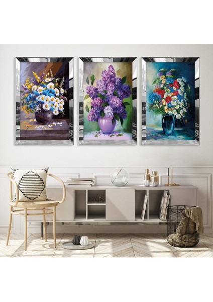 Renkli Vazo Çiçek Gümüş Pleksi Kenar Mdf Tablo