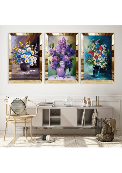 Renkli Vazo Çiçek Gümüş Pleksi Kenar Mdf Tablo