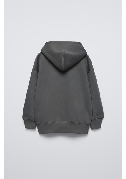 Füme Çocuk Kapüşonlu Future Goals Etiket Baskılı Kanguru Cepli Oversize Sweatshirt