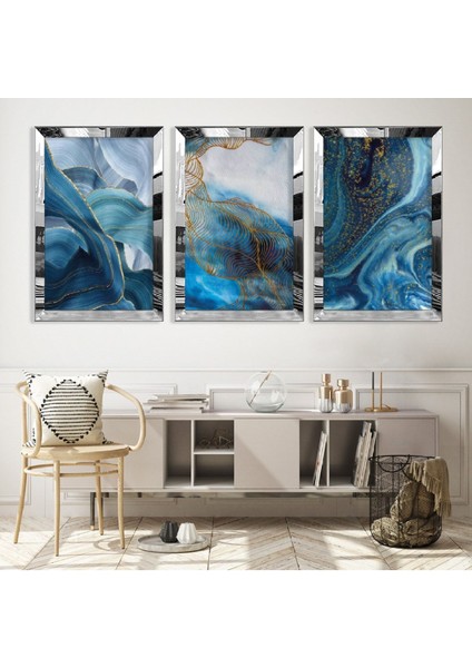 Mavi Renk Modern Gold Pleksi Kenar Mdf Tablo