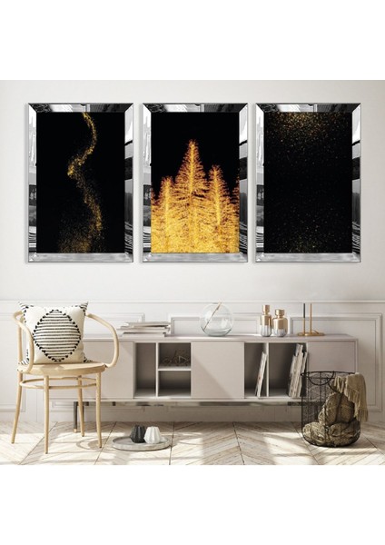 Altın Sarı Ağaçlar Gümüş Pleksi Kenar Mdf Tablo
