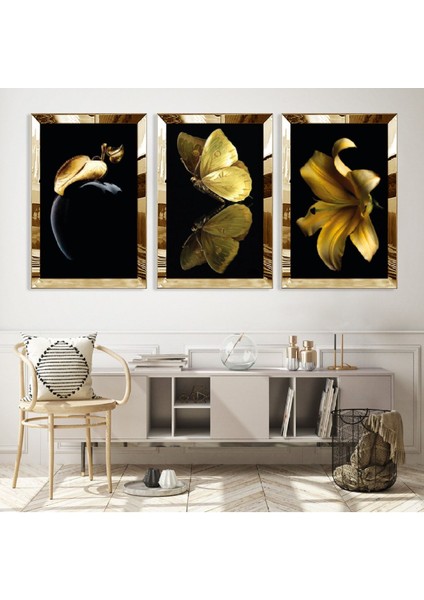 Altın Renk Çiçek Kelebek Modern Gold Pleksi Kenar Mdf Tablo