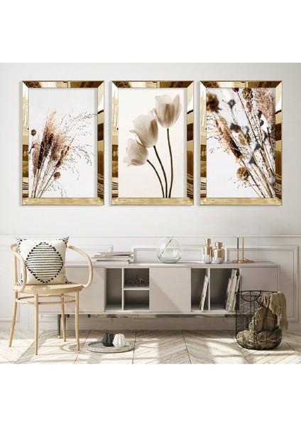 Beyaz Çiçek Gold Pleksi Kenar Mdf Tablo