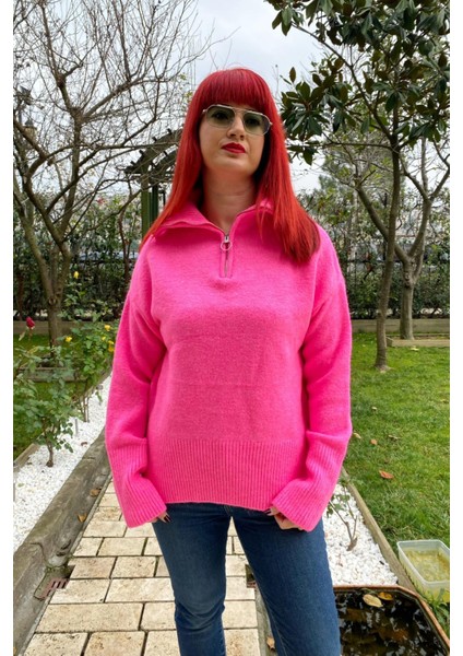 Fermuar Detaylı Pembe Kazak