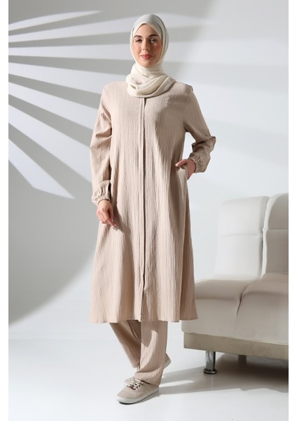 Kadın Bürümcük Kumaş Gizli Fermuarlı Ikili Takım Hac Umre Kıyafeti Krem