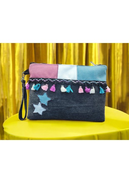 Yıldız Siyah Kot Kumaş Kadın Portföy Clutch El Çantası