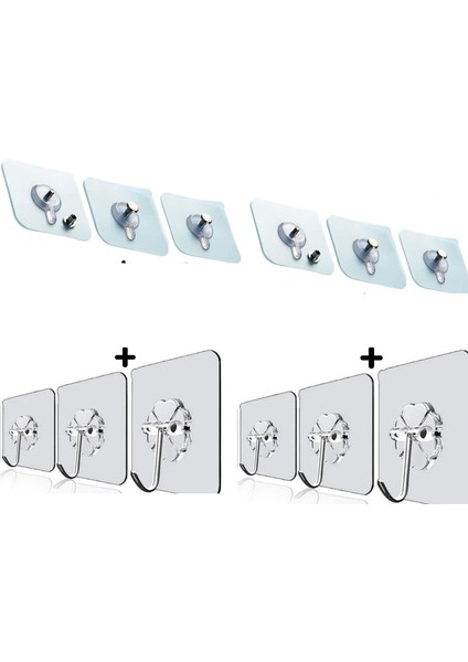 6 Adet Kancalı ASKI+ 6 Adet Vidalı ASKI, Ultra Güçlü, Şeffaf ASKILAR (Toplam 12 Adet Askı)