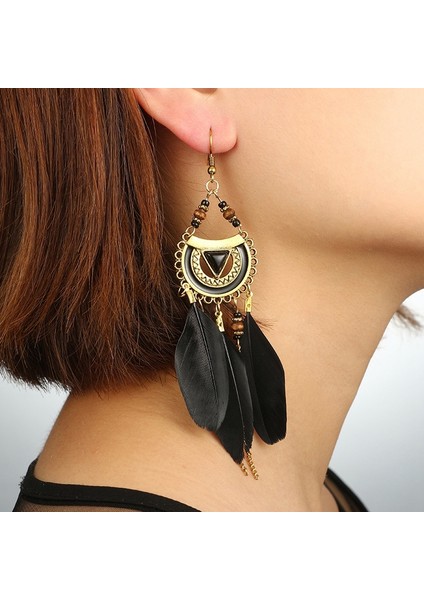Retro Uzun Püskül Küpe Moda Tüy Tarzı Etnik Boho Büyük Dangle Küpe Düğün Küpe Aksesuarları Süsler Siyah (Yurt Dışından)