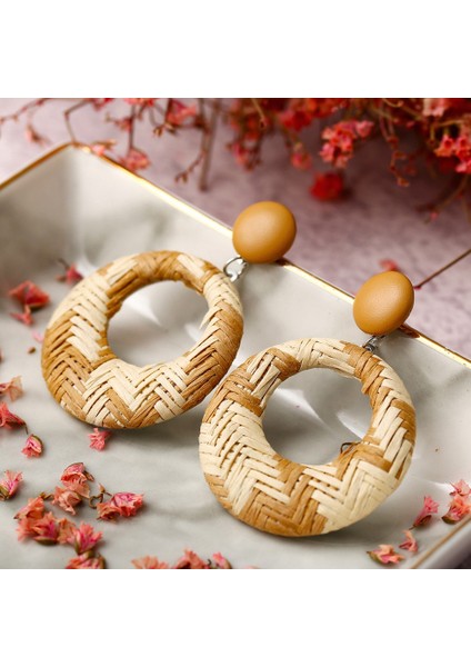 Yeni Takı El Yapımı Bohem Ahşap Rattan Hasır Hasır Damla Küpe Vintage Bambu Hasır Geometrik Daire Küpe Aksesuarları Bej (Yurt Dışından) fiyatları