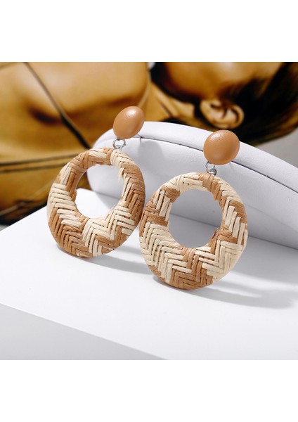 Yeni Takı El Yapımı Bohem Ahşap Rattan Hasır Hasır Damla Küpe Vintage Bambu Hasır Geometrik Daire Küpe Aksesuarları Bej (Yurt Dışından) modelleri