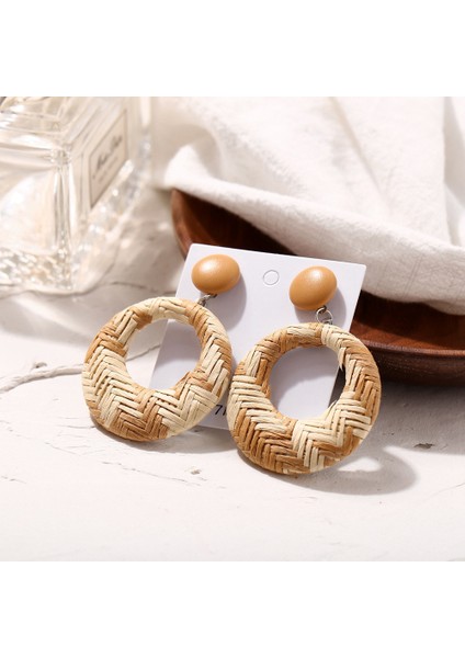 Yeni Takı El Yapımı Bohem Ahşap Rattan Hasır Hasır Damla Küpe Vintage Bambu Hasır Geometrik Daire Küpe Aksesuarları Bej (Yurt Dışından) indirimleri