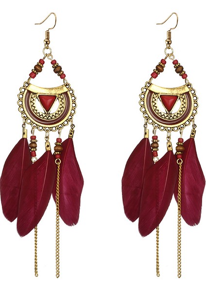 Retro Uzun Püskül Küpe Moda Tüy Tarzı Etnik Boho Büyük Dangle Küpe Düğün Küpe Aksesuarları Süsler Kırmızı (Yurt Dışından)