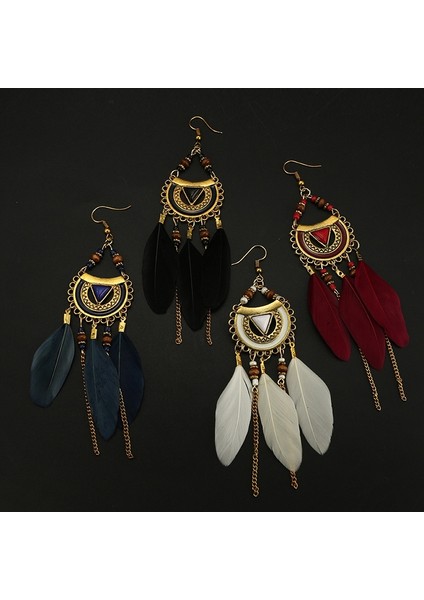 Retro Uzun Püskül Küpe Moda Tüy Tarzı Etnik Boho Büyük Dangle Küpe Düğün Küpe Aksesuarları Süsler Kırmızı (Yurt Dışından)