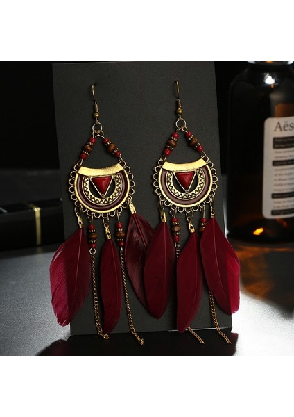 Retro Uzun Püskül Küpe Moda Tüy Tarzı Etnik Boho Büyük Dangle Küpe Düğün Küpe Aksesuarları Süsler Kırmızı (Yurt Dışından)