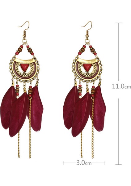 Retro Uzun Püskül Küpe Moda Tüy Tarzı Etnik Boho Büyük Dangle Küpe Düğün Küpe Aksesuarları Süsler Kırmızı (Yurt Dışından)