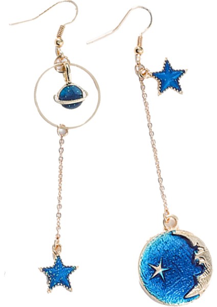 Mavi Evren Asimetrik Küpe Küpe Kadınlar Kız Kulak Aksesuarları Sevimli Ay Yıldız Uzun Damla Küpe 9 # H9439 (Yurt Dışından)