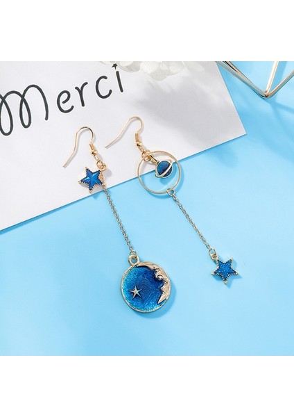 Mavi Evren Asimetrik Küpe Küpe Kadınlar Kız Kulak Aksesuarları Sevimli Ay Yıldız Uzun Damla Küpe 9 # H9439 (Yurt Dışından) modelleri