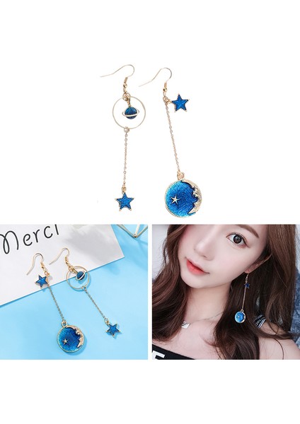 Mavi Evren Asimetrik Küpe Küpe Kadınlar Kız Kulak Aksesuarları Sevimli Ay Yıldız Uzun Damla Küpe 9 # H9439 (Yurt Dışından) fırsatları