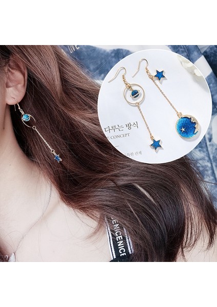 Mavi Evren Asimetrik Küpe Küpe Kadınlar Kız Kulak Aksesuarları Sevimli Ay Yıldız Uzun Damla Küpe 9 # H9439 (Yurt Dışından) indirimleri