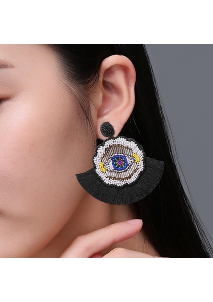 Bohem Dangle Küpe Boncuklu - Renkli El Yapımı Göz Büyük Boy Damla Küpeler Boho Bildirimi Fan Püsküllü Kadınlar Için Siyah (Yurt Dışından) modelleri
