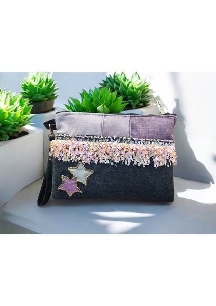 Yıldız Siyah Kot Kumaş Kadın Portföy Clutch El Çantası