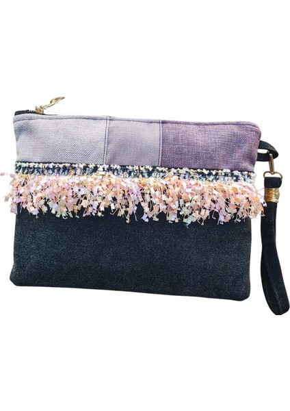 Yıldız Siyah Kot Kumaş Kadın Portföy Clutch El Çantası