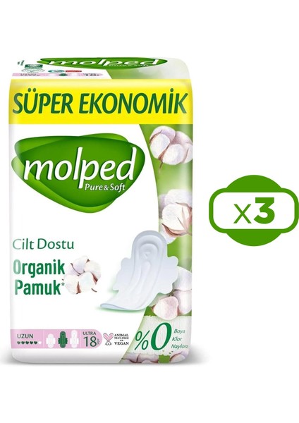 Pure & Soft Uzun Süper Ekonomik Ped 18 Li x 3 Adet