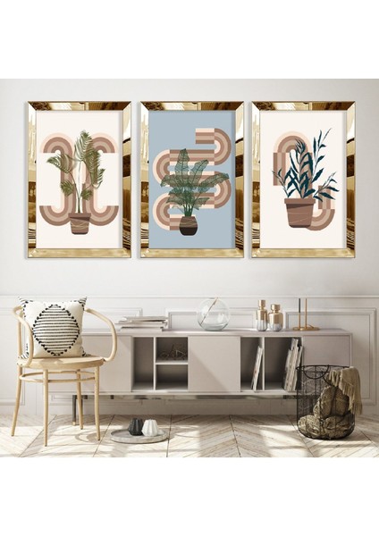 Minimalist Çiçek Soyut Desen Gold Pleksi Kenar Mdf Tablo
