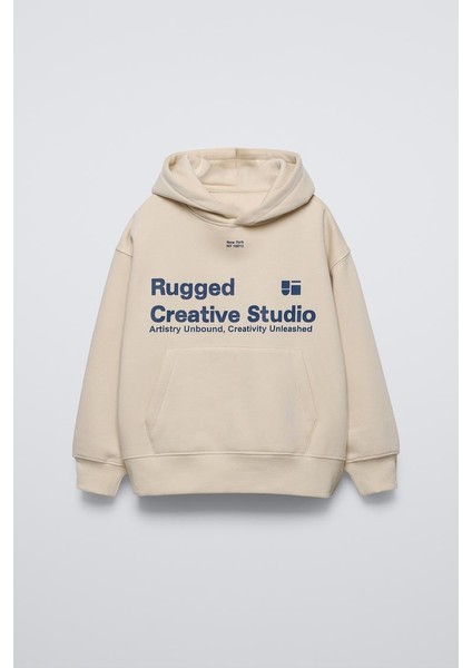 Bej Çocuk Rugged Creative Stüdyo Baskılı Oversize Kapüşonlu Kanguru Cepli Sweatshirt