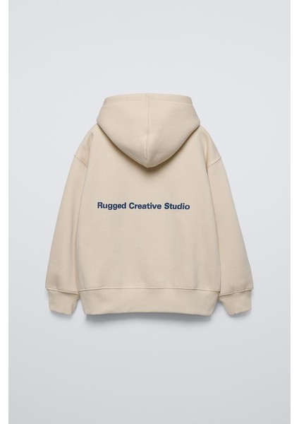 Bej Çocuk Rugged Creative Stüdyo Baskılı Oversize Kapüşonlu Kanguru Cepli Sweatshirt