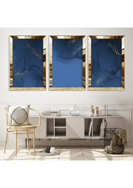 Mavi Soyut Desen Gold Pleksi Kenar Mdf Tablo