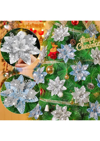 20 Adet 14,5 cm Simli Yapay Noel Çiçekleri, E (Yurt Dışından)