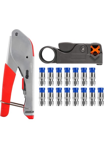 Rg6 RG59 Için Koaksiyel Kablo Kıvırma Seti Aracı, 15 Adet F Rg6 RG59 Konnektörlü Koaksiyel Sıkıştırma Aracı Kiti (Yurt Dışından)