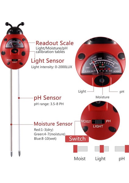 3-In-1 Ph Test Cihazı Kitleri Bitki Arazi Nem Test Cihazı Kapalı Açık Bahçe Çim Bitkileri Için Nem Test Cihazı (Yurt Dışından)