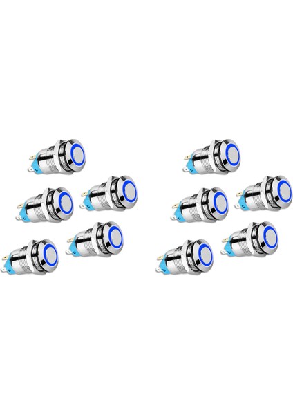 10 Adet 12MM Mandallama Basmalı Düğme Anahtarı Yüksek Yuvarlak Kapak, Su Geçirmez Metal Basmalı Düğme Anahtarı ile 12V/24V Mavi Işık (Yurt Dışından)