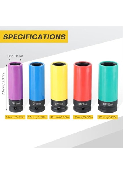 Tekerlek Koruyucu Darbeli Lokma Seti 1/2 Inç Tahrik Bijon Somunu Soketi, Renk Kodlu Koruyucu Kılıf (15/17/19/21/22MM) (Yurt Dışından) indirimleri