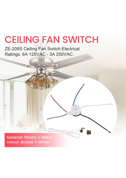Tavan Vantilatörü Anahtar Seti 3 Hız 4 Telli, Fan Anahtarı Fermuar Hız Kontrol Anahtarı, ZE-208S Halatlı Çekme Telli Anahtar Bronz (Yurt Dışından) indirimleri