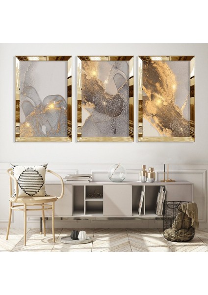 Kolaj Çizim Çiçek Gold Pleksi Kenar Mdf Tablo