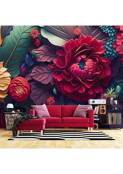 3 Boyutlu Kırmızı Turuncu Çiçek Desenli Duvar Kağıdı