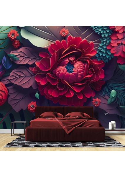 3 Boyutlu Kırmızı Turuncu Çiçek Desenli Duvar Kağıdı fiyatları
