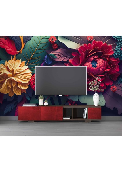 3 Boyutlu Kırmızı Turuncu Çiçek Desenli Duvar Kağıdı modelleri