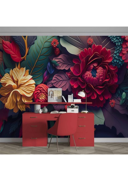3 Boyutlu Kırmızı Turuncu Çiçek Desenli Duvar Kağıdı fırsatları